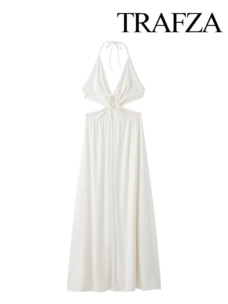 TRAFZA Summer Woman Slim Wrinkles Lace Decorate Party Long Dress Women Sexy Deep V-Neck Sleeveless Backless Crop Elegant Dress