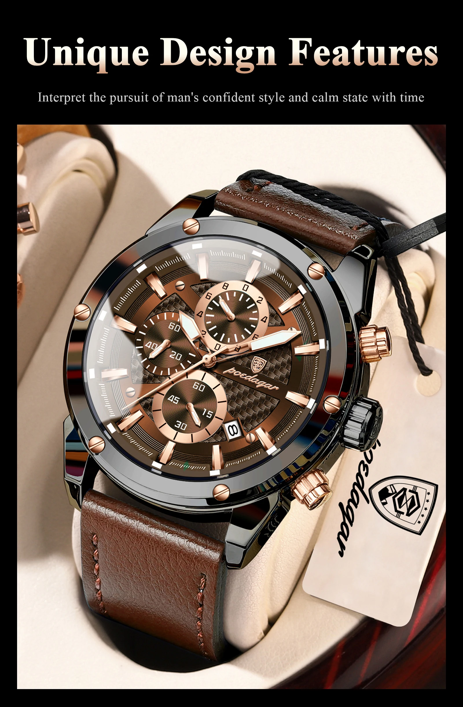 POEDAGAR High Quality Quartz Man Clock Waterproof Luminous Chronograph Date Men Wristwatch Leather Luxury Business Men's Watches