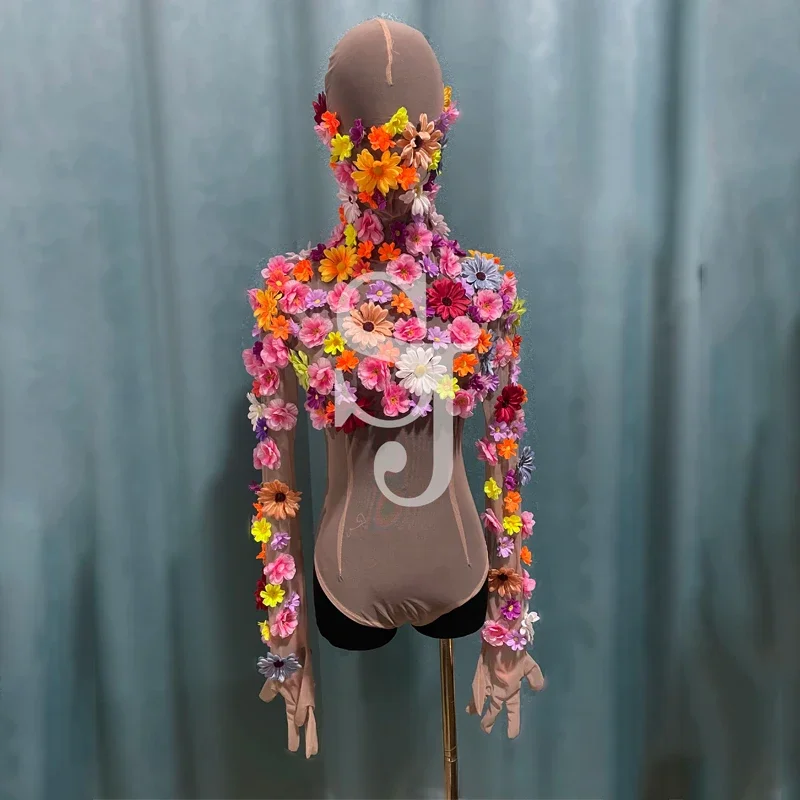 여성 파티 댄스 드레스 다채로운 레이저 드레스 섹시 폴 댄스 꽃 바디 슈트 축제 복장 무대 공연 Clubwear XS6466