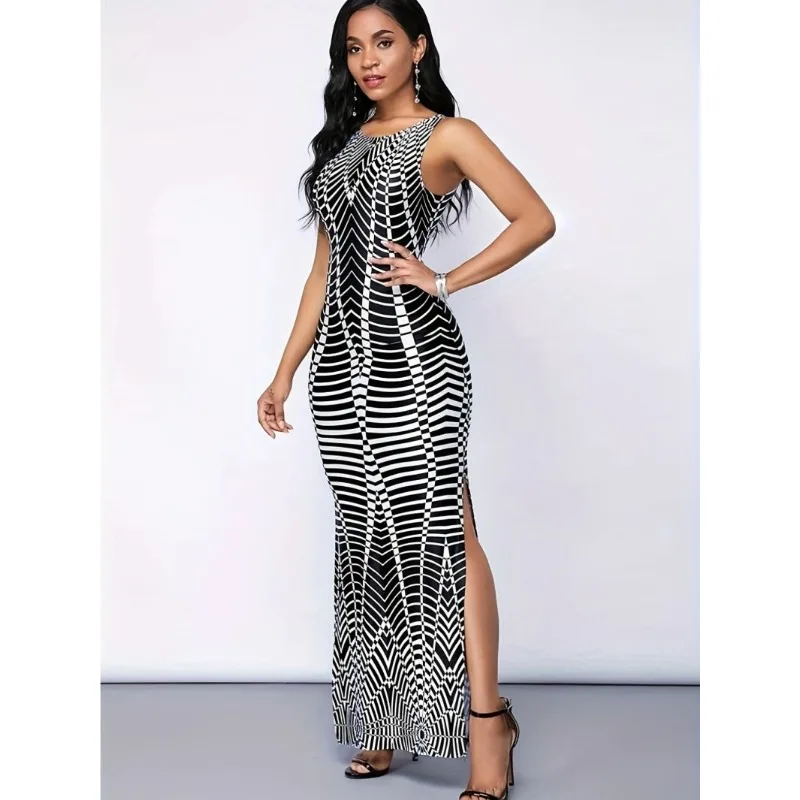 Spring European and American Women's Clothing Digital Printing Round Neck Sleeveless Side Split Dress