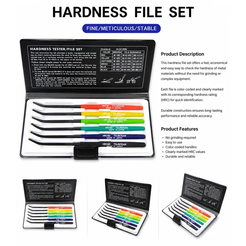 6 Pcs Handheld Metal Hardness Tester File Set Color Coded Handles Portable Steel Hardness Testing Files Kit for Industrial