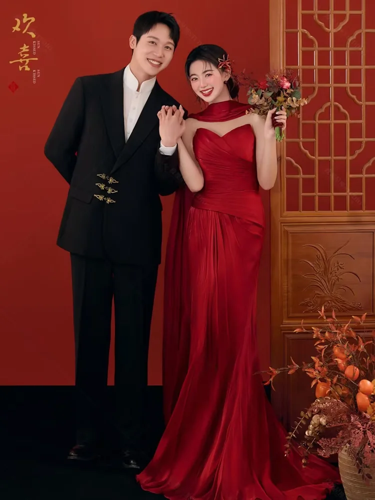 

Red Wedding Dress Morning Robe Photography Studio Engagement Marriage New Chinese Style Costume Bridesmaid Outfit Maternity C...