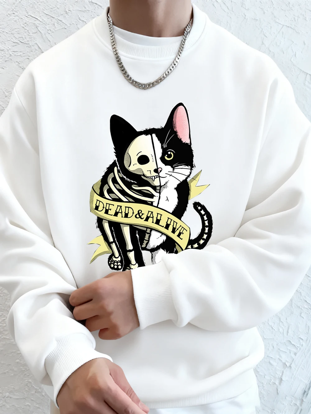 Dead & Alive Skull Cat Printed Men Sweatshirt Winter Fleece Warm Hoodies Korean Loose Crewneck Pullovers Hip Hop Male Clothes