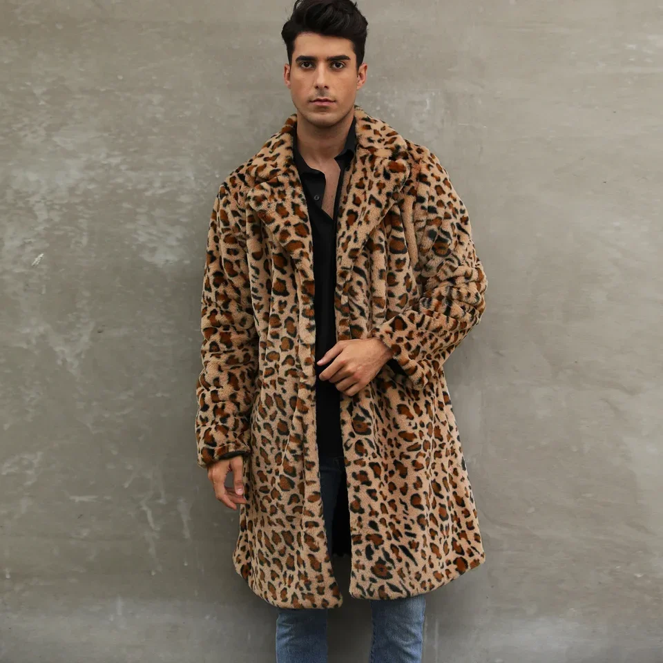 European American New Fashion Men's Leopard Casual Trendy Simple Basic Loose Turn-down Collar Long Sleeve Faux Fur Coats Tops