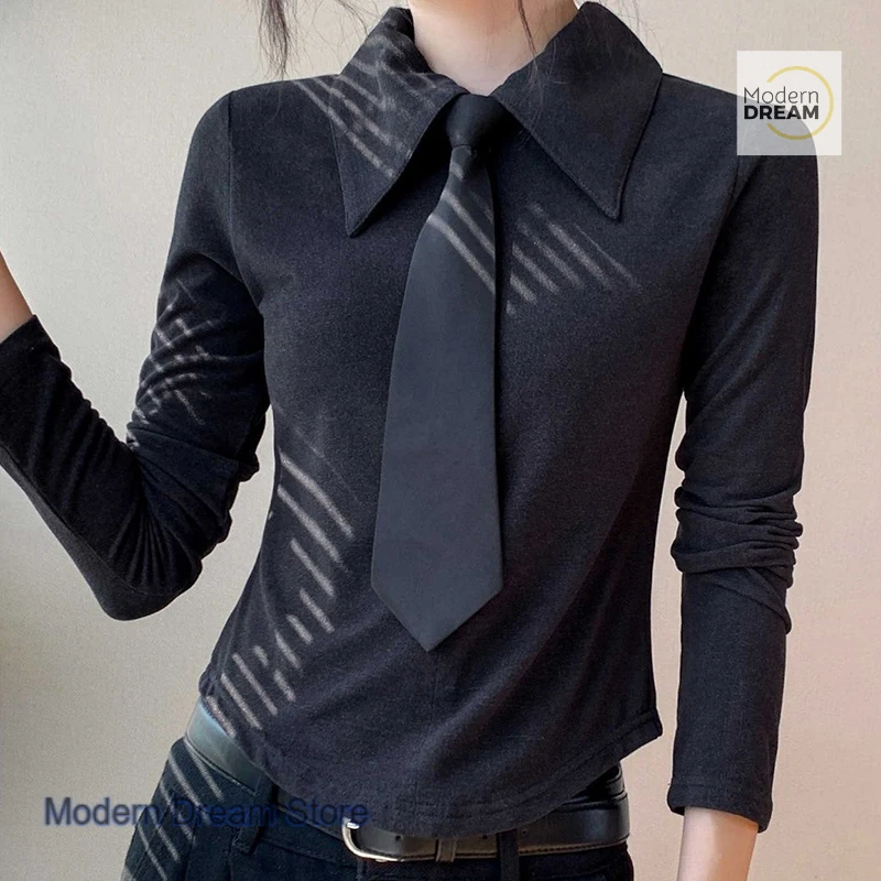 

Korean solid color fashion tie lapel long sleeve blouse women's autumn and winter new temperament design loose bottoming shirt