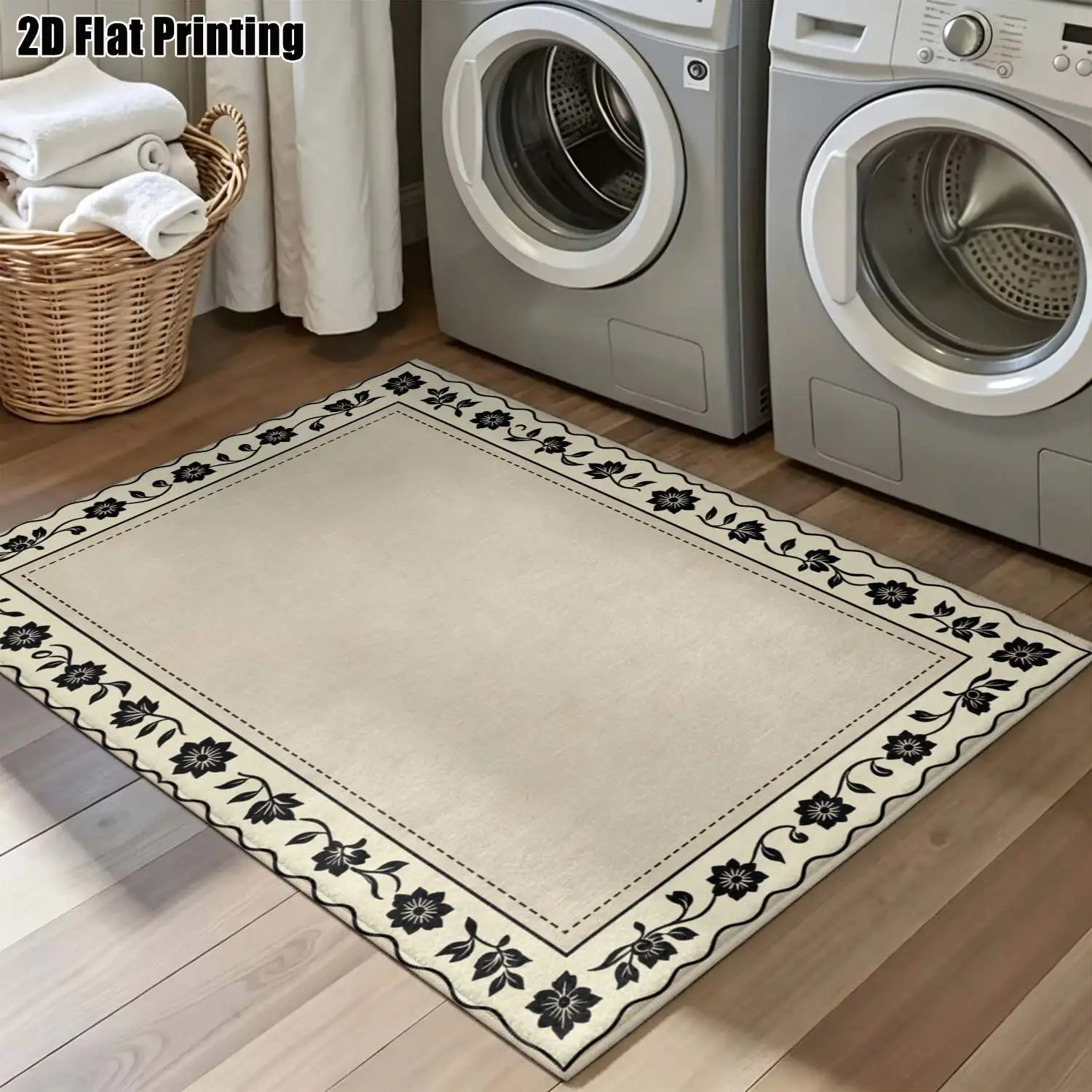 1Pc 2D Printed Beige&Black Floral Border Carpet European Vintage Geometric Bohemian Style, Home Decor, Multi-Size, Machine Washable, Ideal for Entryway, Dining Room, Foyer, Bedroom, Living Room.