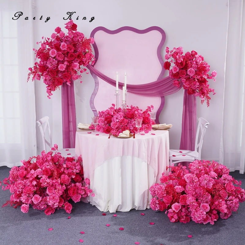 Hot Pink Roses Artificial Flowers Hang Flower Row Wedding Decoration Arch Flower Arrangement Table Centerpiece Silk Flower Ball