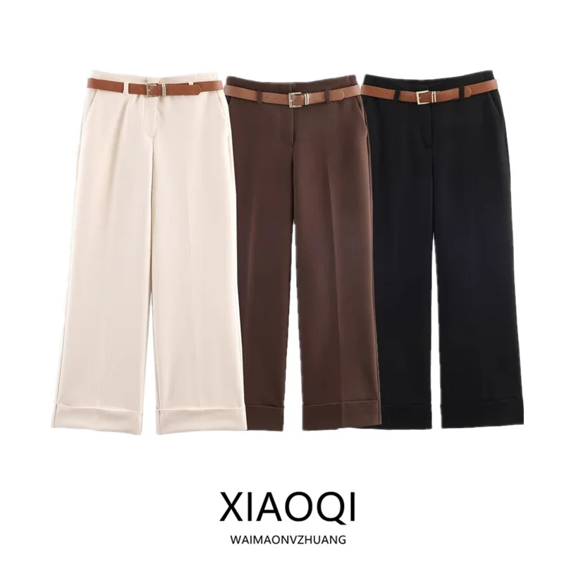High Waist Straight Leg Cuffed Pants Women's Faion Spring 2026 New Arrival Belted Casual Trousers Ladies Premium Quali