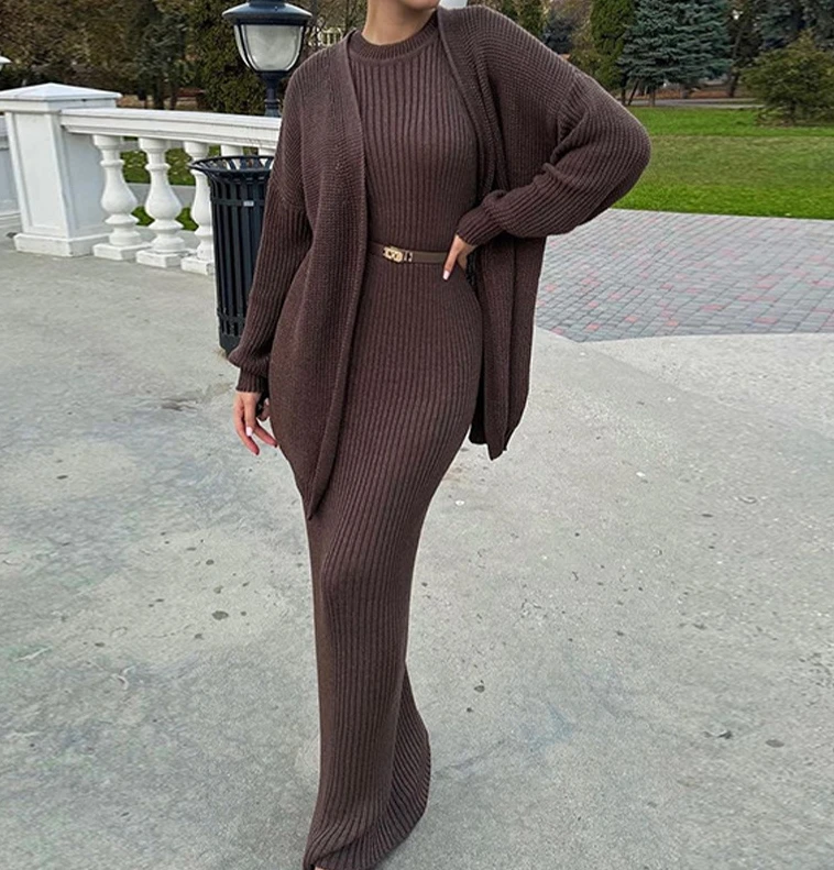 Women\'s Autumn and Winter Fashion Suit Casual Lazy Style Knitted Sweater Tank Maxi Dress and Loose Cardigan Long Sleeved Top Set