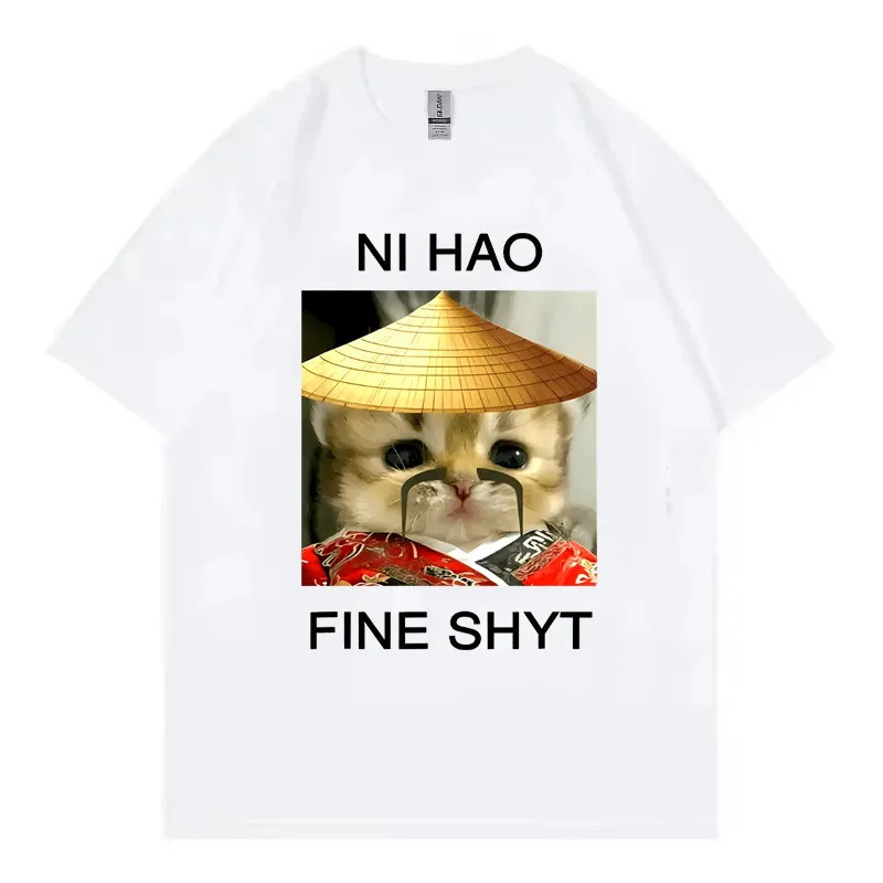 Funny Z Gen Meme T-Shirt Ni Hao Fine Shyt Chinese Cat T Shirt Casual Short Sleeve Tee Humor Cotton Short Sleeve Round Neck