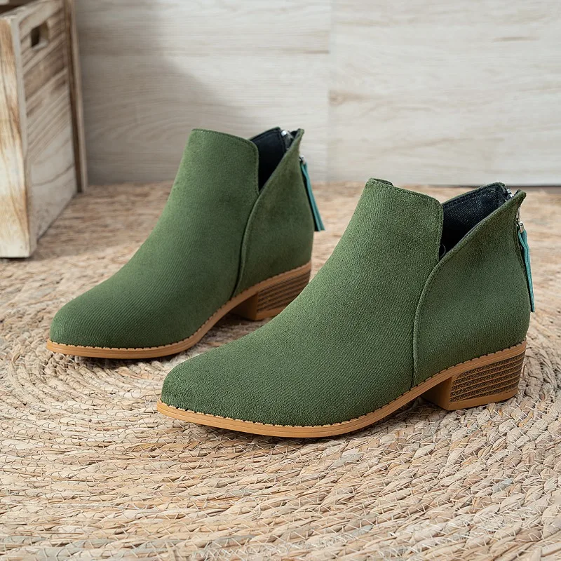 Large Size Short Boot with Leather Upper, Pointed Toe, Thick Heel, Back Zipper, Velvet Surface, Ankle-length Boots