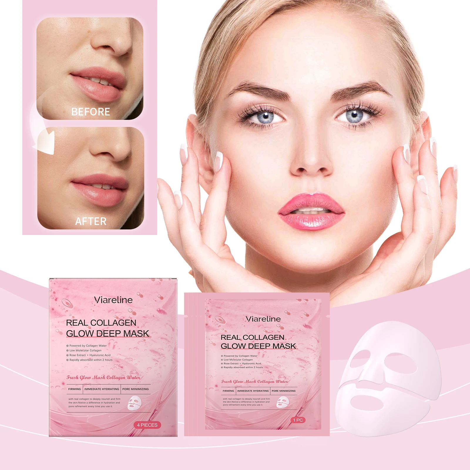Real Collagen Glow Deep Mask - Conjunto de máscara facial hidratante de 4 peças com água de colágeno e ácido hialurônico |   Plomando instantâneo e poro M