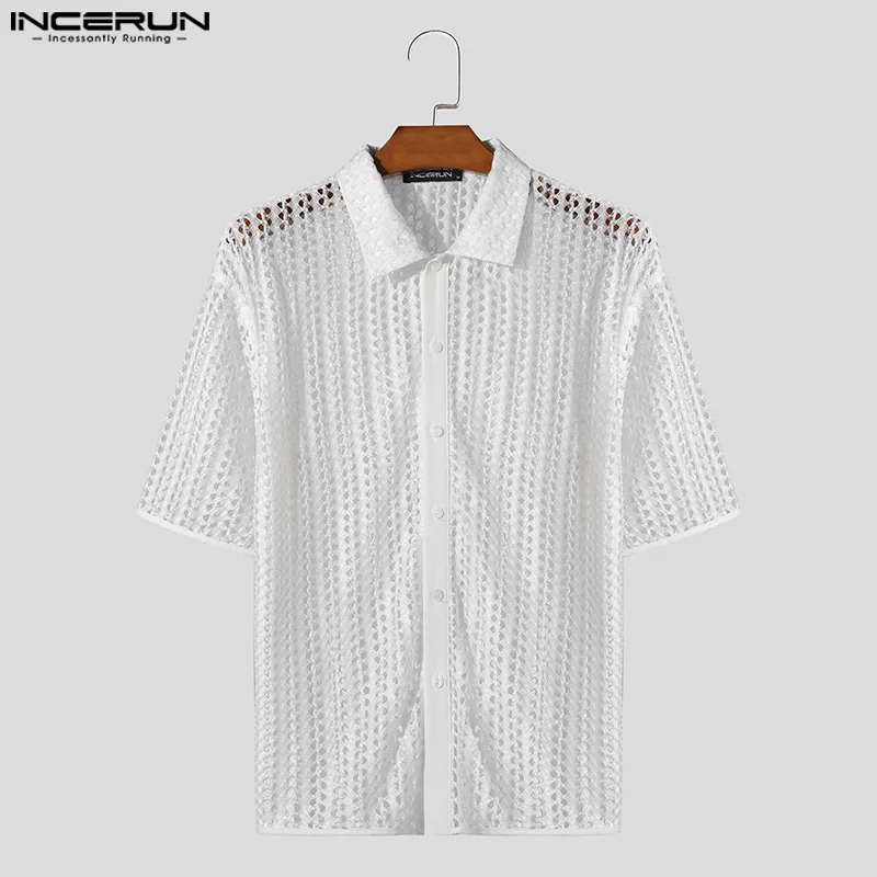 Incerun Tops 2024 Amerikaanse Stijl Nieuwe Mannen Holle Sexy Perspectief Dunne Shirts Casual Streetwear Eenvoudige Korte Mouwen Blouse S-5XL