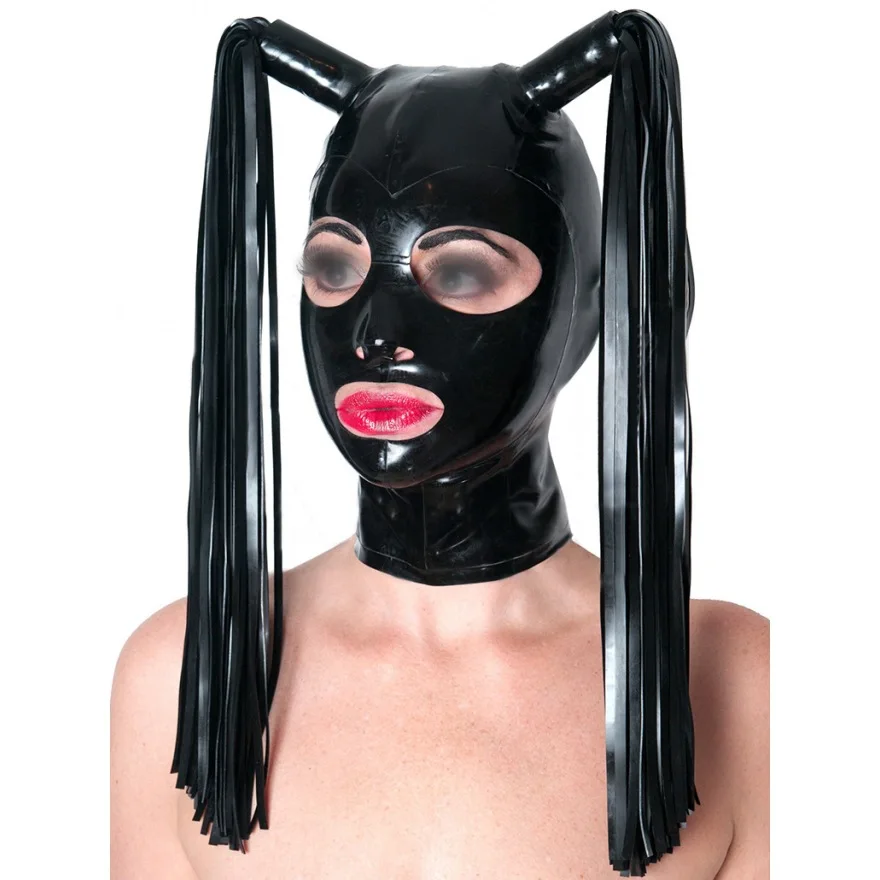 Sexy Latex Women Men Rubber Mask With Two Braids Cosplay Hood Handmade Headpiece Clothing RLM291