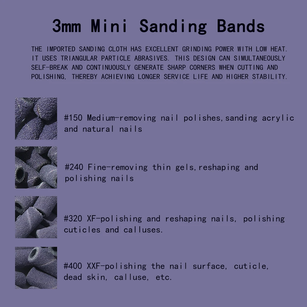 Bandas de lijado de uñas de 3mm, Mini broca negra y morada de grano 150/240/320/400, accesorio de lima de uñas eléctrica, herramienta de manicura de pulido