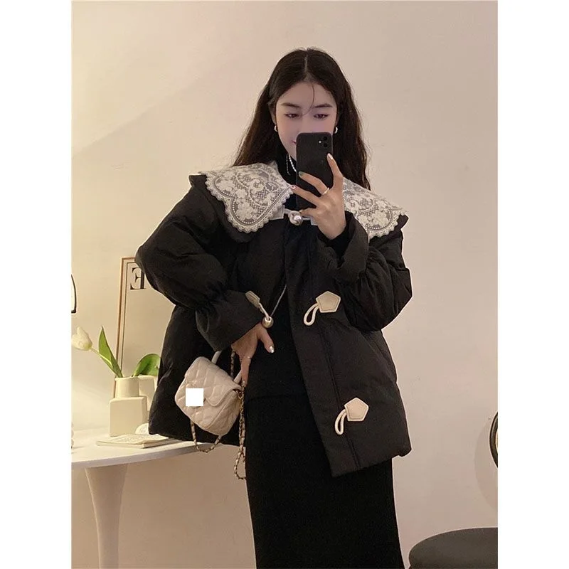 Lace Doll Neck Design Feeling Cotton Coat Women\'s Winter 2023 New Sweet Age Reducing Loose Long Sleeve Cotton Coat Warm Cardigan