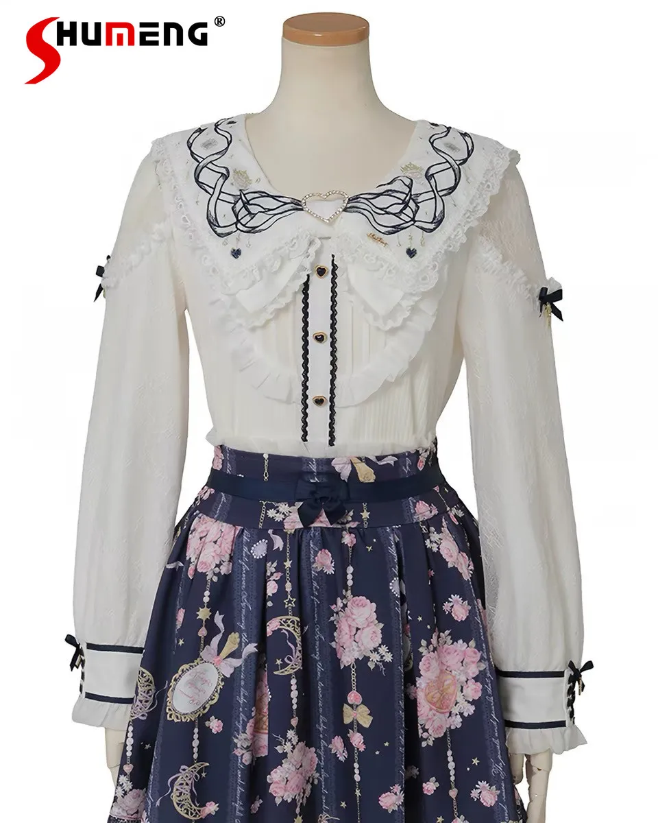 

2026 Spring and Summer Japanese Liz Long Sleeve Shirt Girl's Woman's Sweet Lace Stitching Lolita Blouses Sweet Navy Collar Top