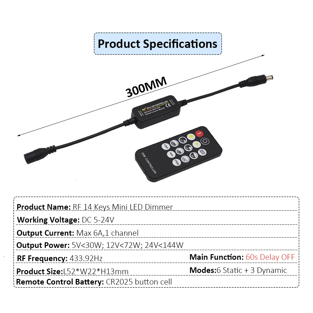 Mini LED Dimmer 12V 6A RF Wireless 14Key 2.4G Remote Control Single Color LED Strip Lights 5V 24V Driver DC Dimmer Switch