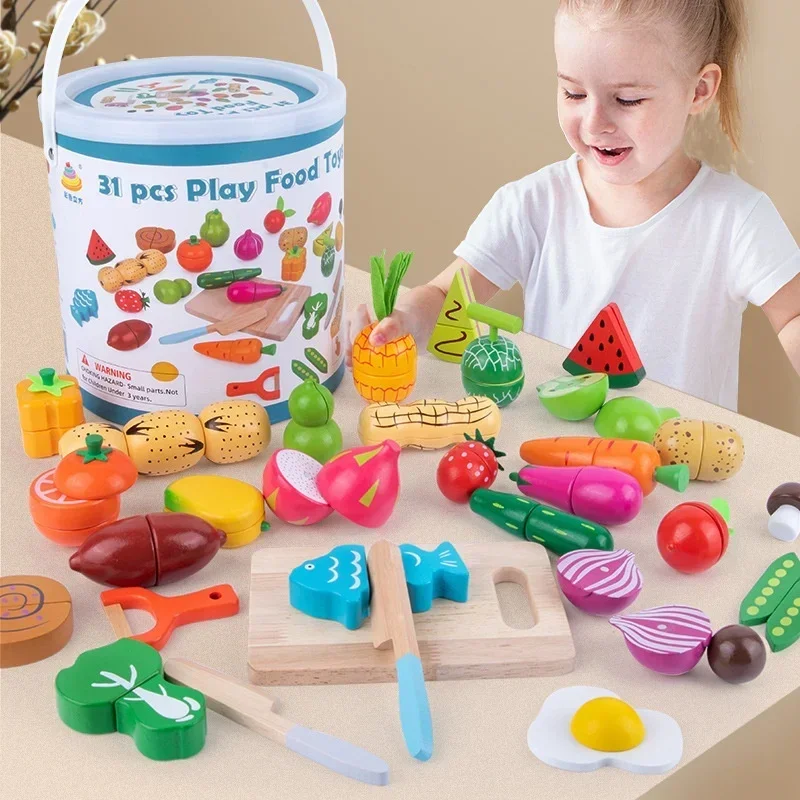 New Playhouse Toy Boy and Girl Puzzle Kitchen Toy Bucket taglio magnetico simulazione di legno Set di combinazione di frutta e verdura Gi