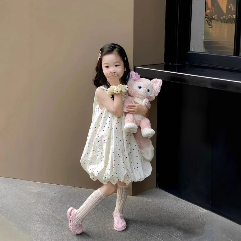 Korean Children's Clothing Girls Sweet Dress2024Summer Dress for Little Girls Fashionable Colorful Dot Bud Vest Dress 2
