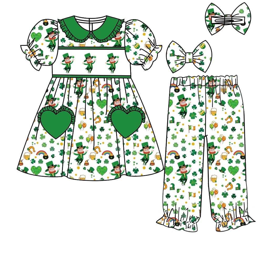 مجموعة سراويل قصيرة الأكمام مطبوعة باللون الأخضر لعيد القديس باتريك للأولاد والبنات من مادة حرير الحليب #1