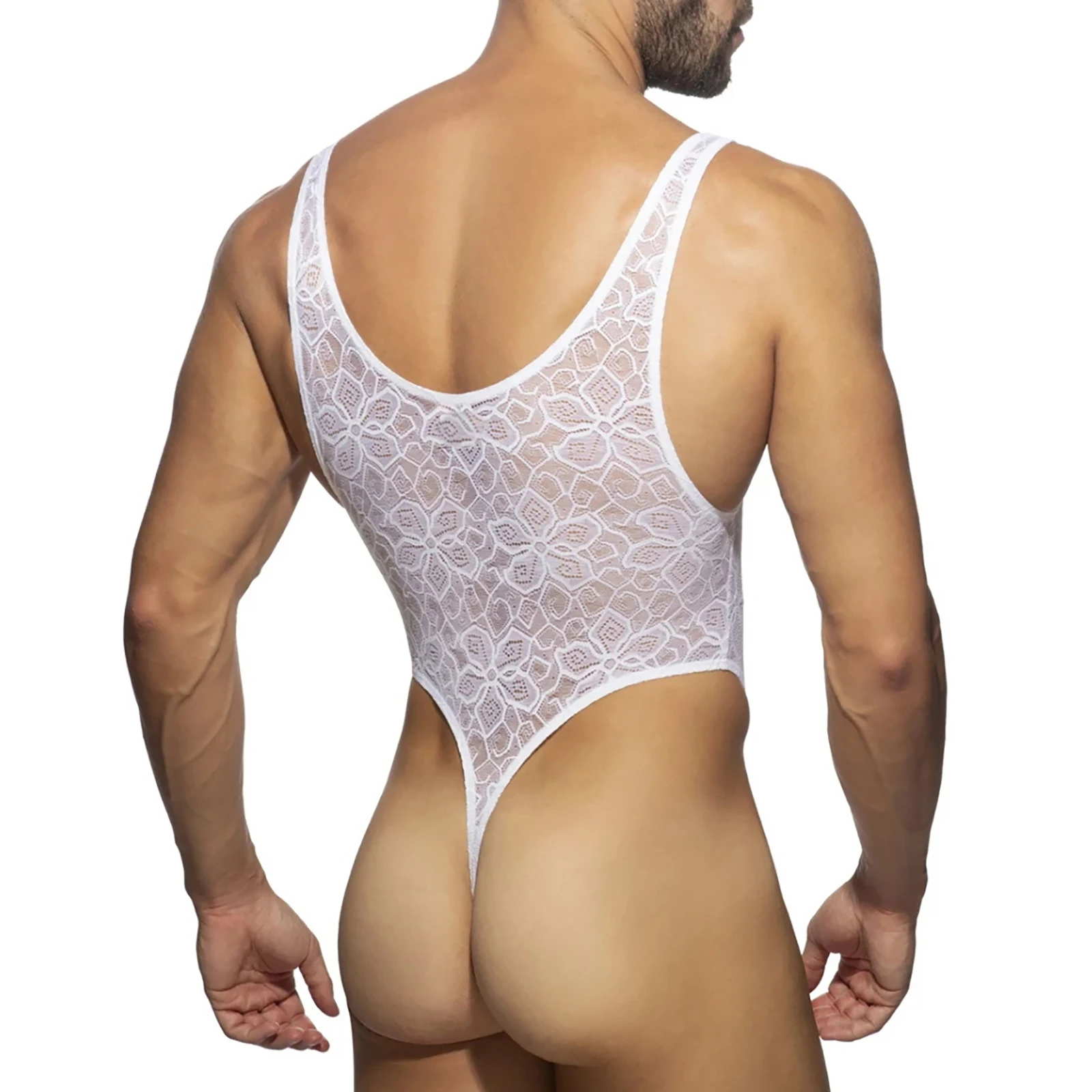 Herren Dessous Porno Fisch netz Teddys Kostüm muster transparente Bodysuit tiefe U-Ausschnitt Tanga enge Bodysuit Muskel Nachtwäsche