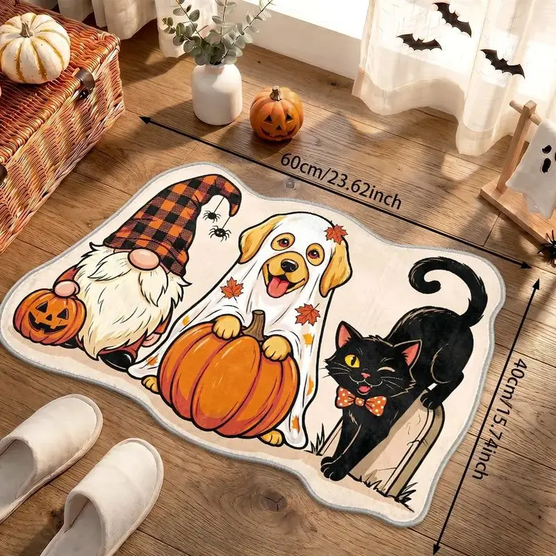 VIKAMA Fall Halloween Cartoon Gnome Puppy Black Cat Welcome Mat,Pumpkin Spider Floor Mat For Entryway Kitchen Holiday Home Decor