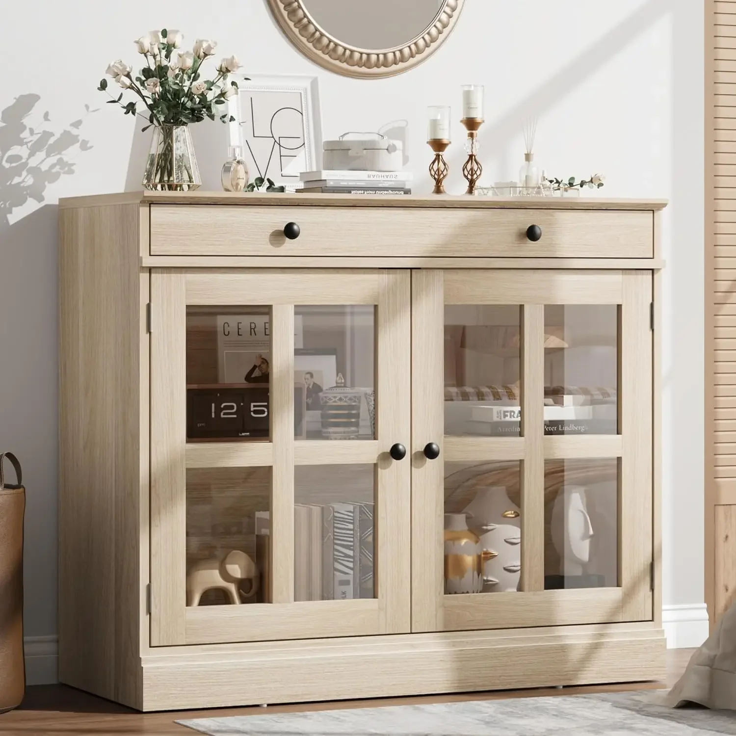 

35.4 in Sideboard Buffet Cabinets with Glass Door, Buffet Cabinet with Storage, Oak Sideboard Cabinet with Drawer, Modern Buffet