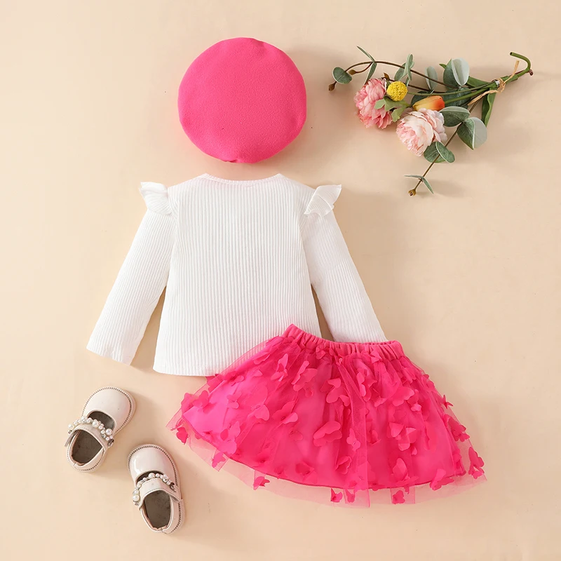 New Year Baby Girls Clothes Set 0-3 Y Big Bow Top Butterfly Mesh Skirt and Beret 3Pcs Toddler Christmas Outfit Trendy Clothing