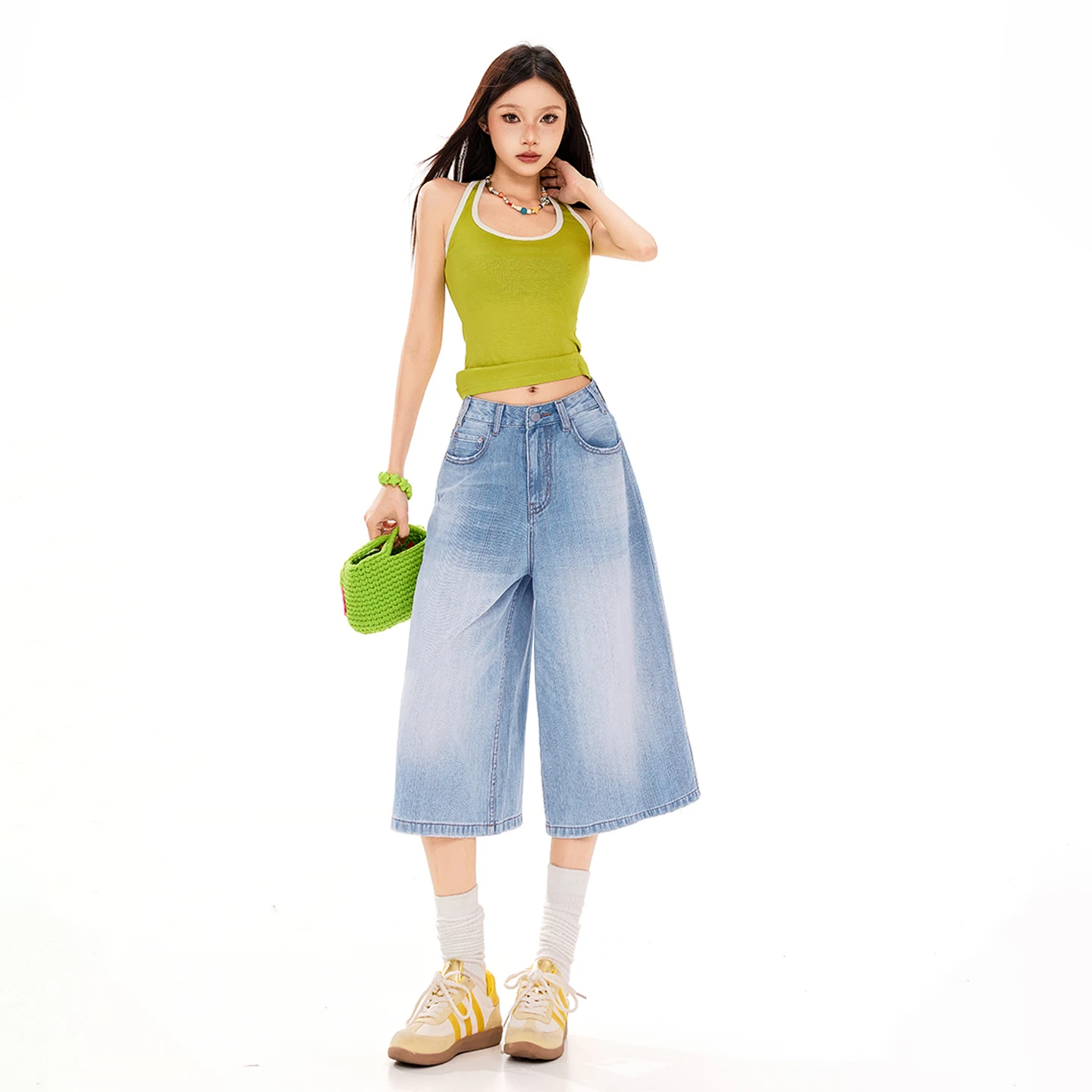 

Женские американские джинсовые шорты из бамбука синего цвета, укороченные, весна-лето, новые, облегающие, универсальные, повседневные, с широкими штанинами