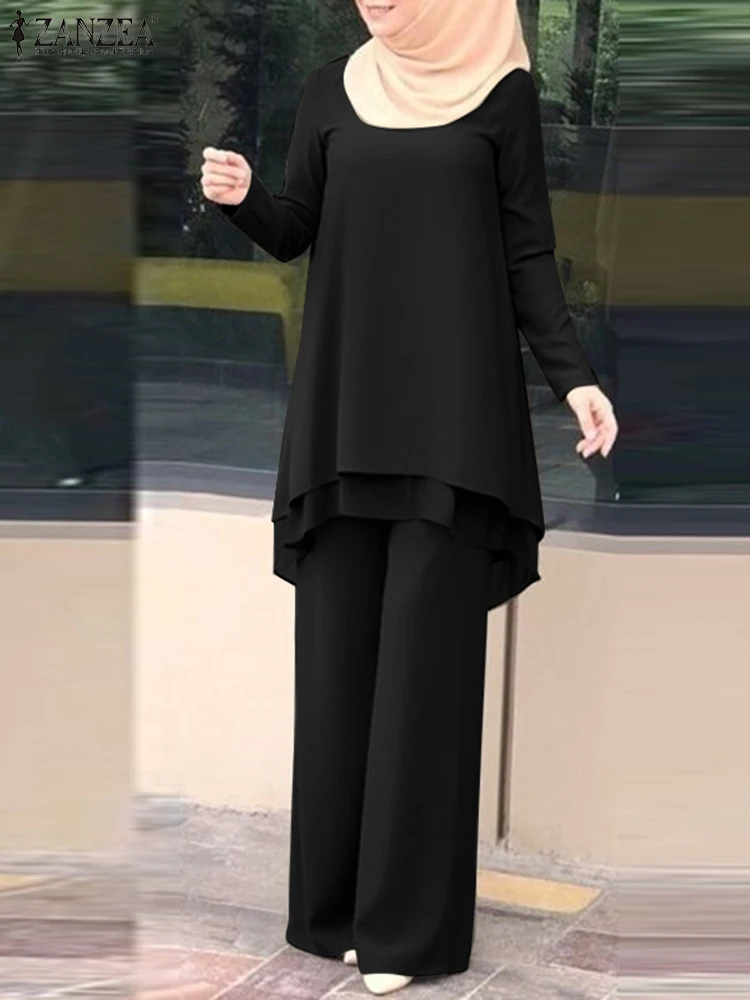 ZANZEA-chándal Hijab musulmán para mujer, conjunto a juego de blusa de manga larga con cuello redondo, pantalones de pierna ancha informales