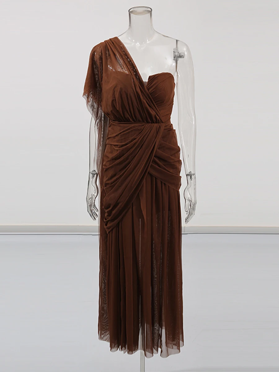 TWOTWINSTYLE Solide Abnehmen Sheer Kleider für Frauen Diagonal Kragen Ärmellose Patchwork Falten Unregelmäßige Kleid Weibliche Kleidung