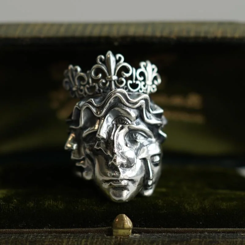 Vintage Multi Face Crown Adjustable Ring for Men Women Antique Sculpture Mask Statue Band Gothic Punk Art Aesthetic Jewelry Gift