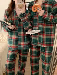 New 2colors Christmas Lovers Simple Plaid Thicken Stripe Couple Long Sleeve Pajama Set Women Loose Winter Vintage Sleepwear Ins