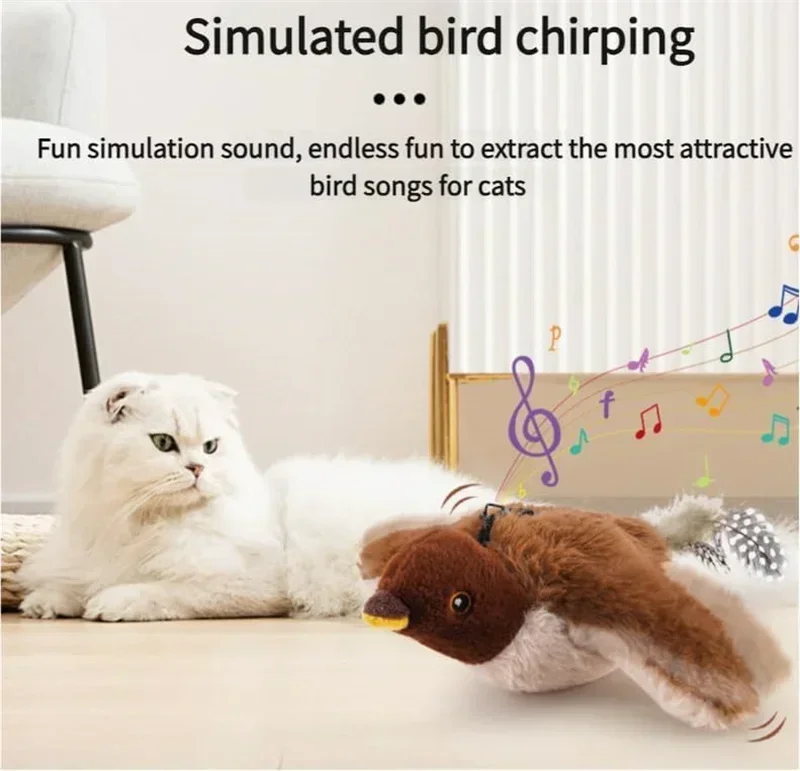 Interactive Cat Toy Flapping Bird with Catnip Rechargeable Simulation Bird Cat Toys Touch Activated Fluffy Plush Toys for Cats