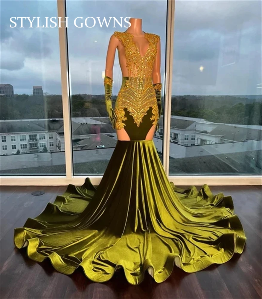 

Green Sheer O N Long Prom Dress Black Girl Gold Bead Crystal Birthday Party Gowns With Gloves Formal Gown Robe De Bal Customized