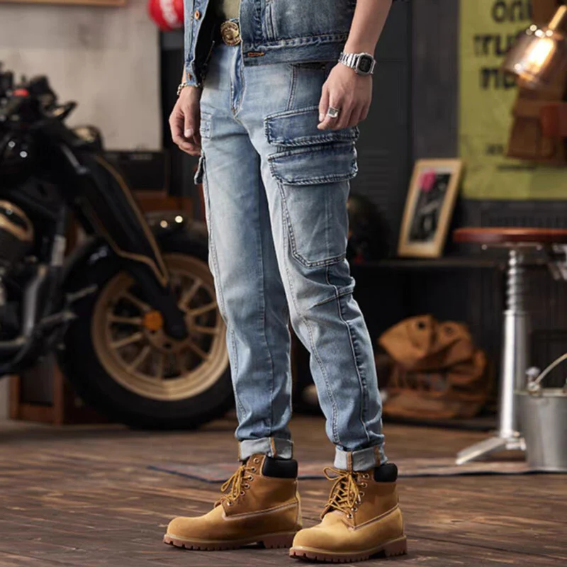 Street Fashion Men Jeans Retro Washed Blue Stretch Slim Fit Denim Cargo Pants Hombre Pocket Designer Hip Hop Biker Jeans Men