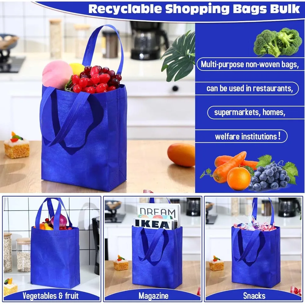Herbruikbare draagtassen Bulk - 300 stuks niet-geweven boodschappentassen met handvatten, 8x4x10 inch, koningsblauw, boodschappen- en cadeautassen