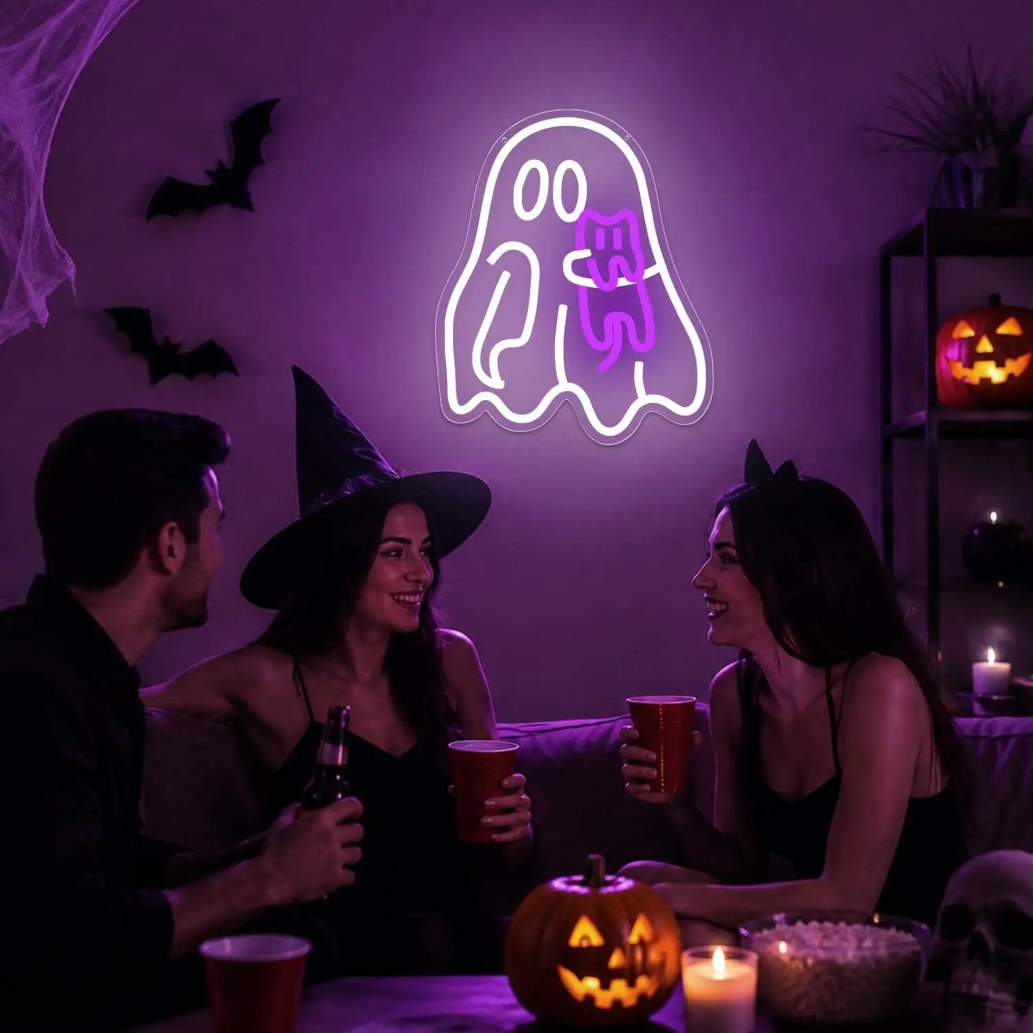 Ghost Holding Cat Neon Sign Usb Dimmable Led Wall Light Halloween Themed Decor For Bedroom Game Room Bar Party Holiday Gifts