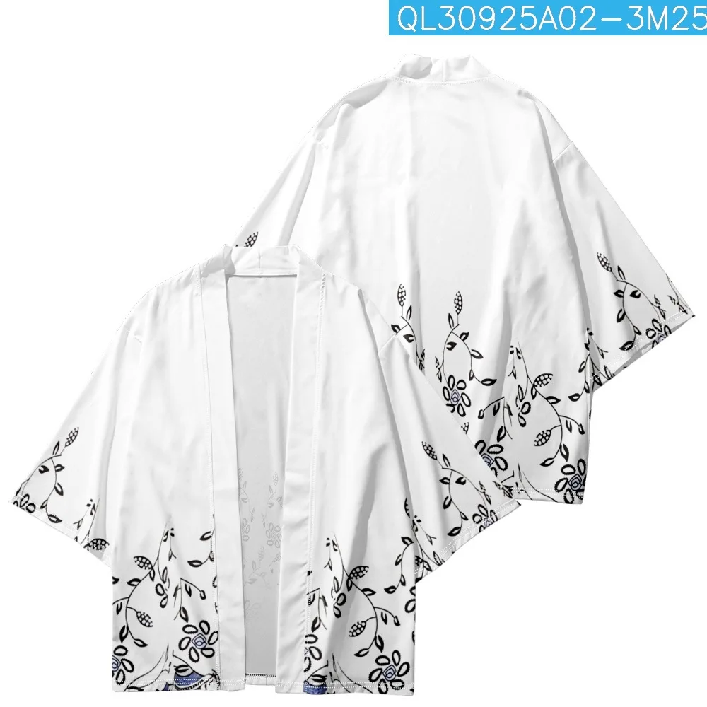 

Summer Floral Print White Cardigan Japanese Traditional Kimono Women Men Beach Loose Haori Shirts Oversized