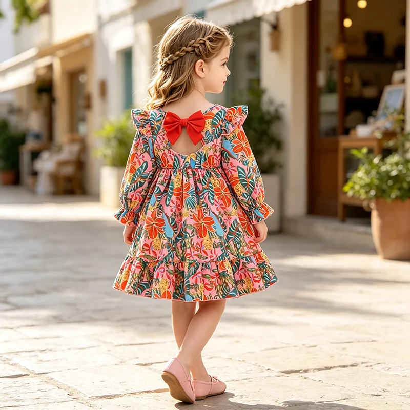 4-7 Years Old Girls Tropical Print Dress Long Flounce Sleeve Big Back Bow A-Line Ruffle Hem Kids Spring Fall Outfit