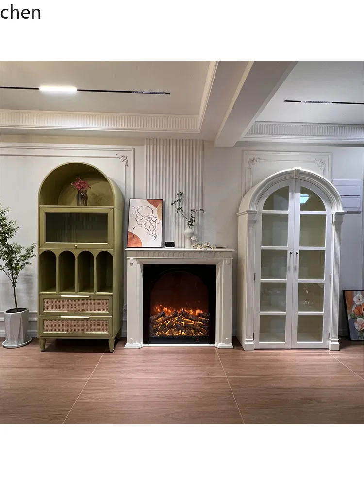 HXL Solid Wood Bookcase Living Room Floor-standing Fireplace Rack Embedded Dining Room Wine Cabinet Arched