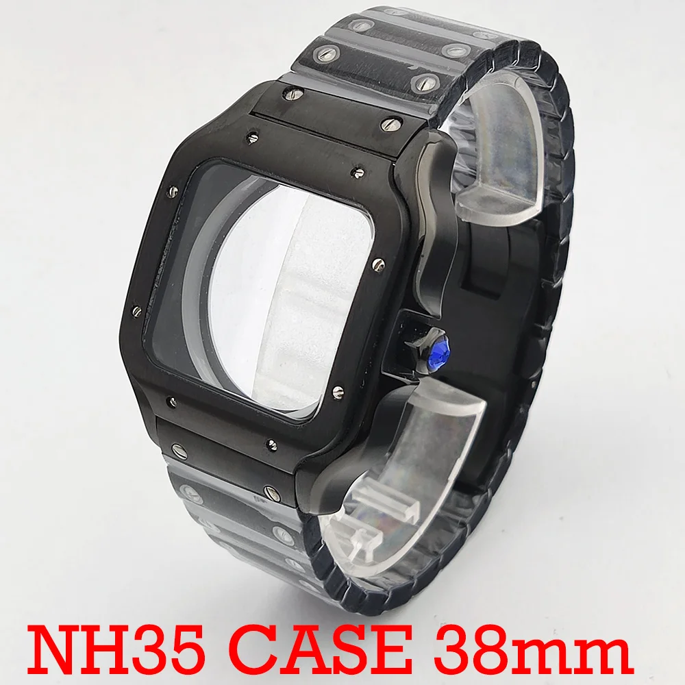 NH35 38mm Black/Sliver Square Watch Case with Bracelet Electroplated Steel 316L Watch Accessories for NH35/ NH36/4R36 Movements