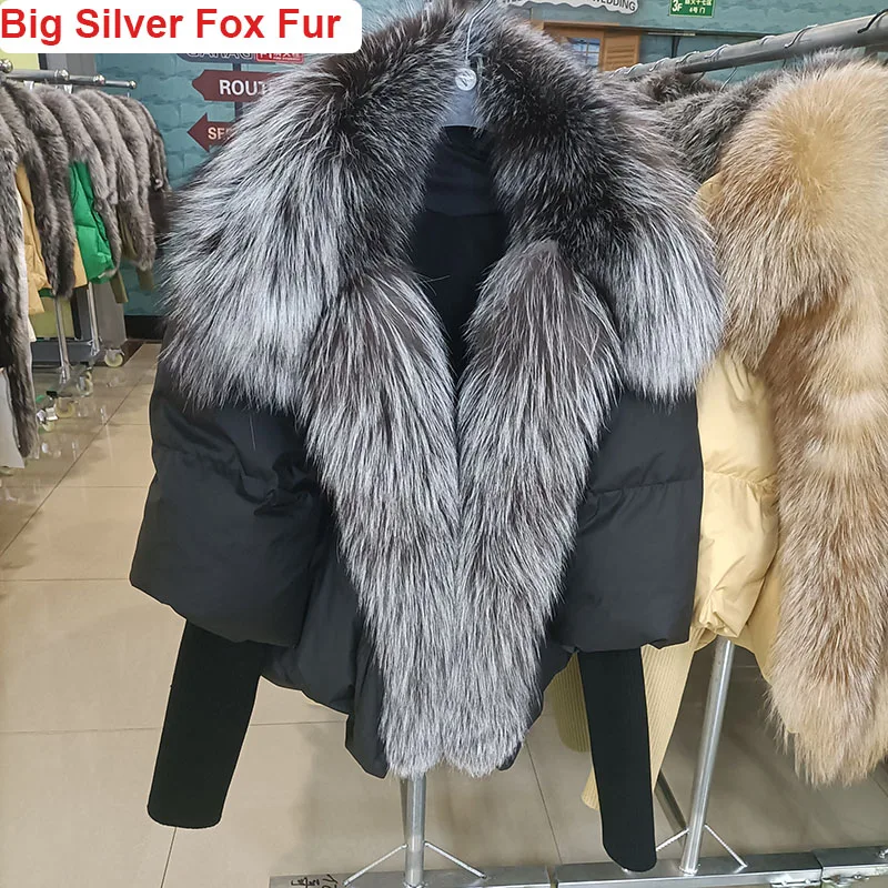 2023 Real Silver Fox Fur Collar Real Goose Down Coat Women Loose Long Sleeve Luxury Thick Warm New Oversize Down Jacket