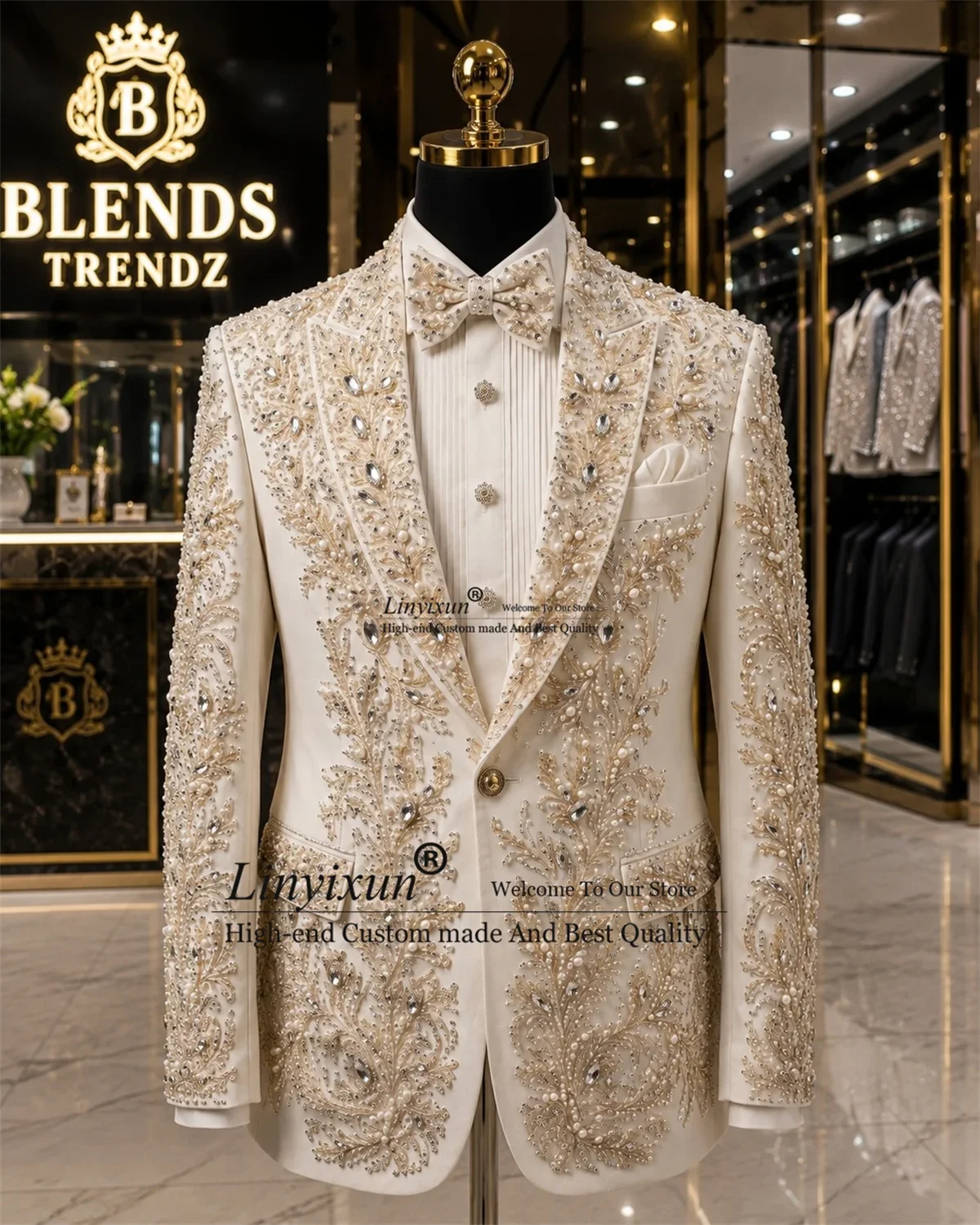 Luxury Crystals Diamond Men Suits Customized Embroidered Groom Male Blazers 2 Pieces Sets Wedding Party Tuxedos Costume Homme