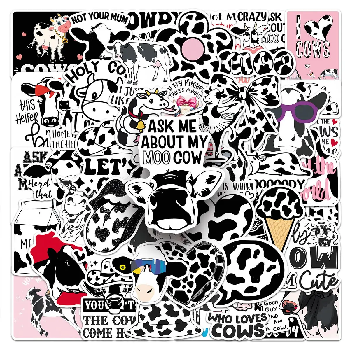 

50 персонализированных наклеек с коровьим принтом, черно-белый контрастный стиль, модный дизайн с коровьим узором + забавные английские надписи, наклейки для украшения багажа и блокнотов, подходят для стильных любителей моды и декора повседневной одежды