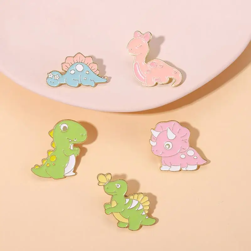 Kawaii Dinosaurs Enamel Pins Custom T-Rex Stegosaurus Brooches Lapel Badges Prehistoric Animal Jewelry Gift for Kids Friends