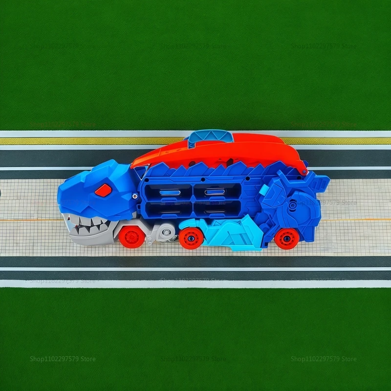 Dinosaur Transformed Dinosaur with Foldable Sliding Race Track Toy with 4 Diecast into Standing T-rex Racing Cars for Kids Gifts