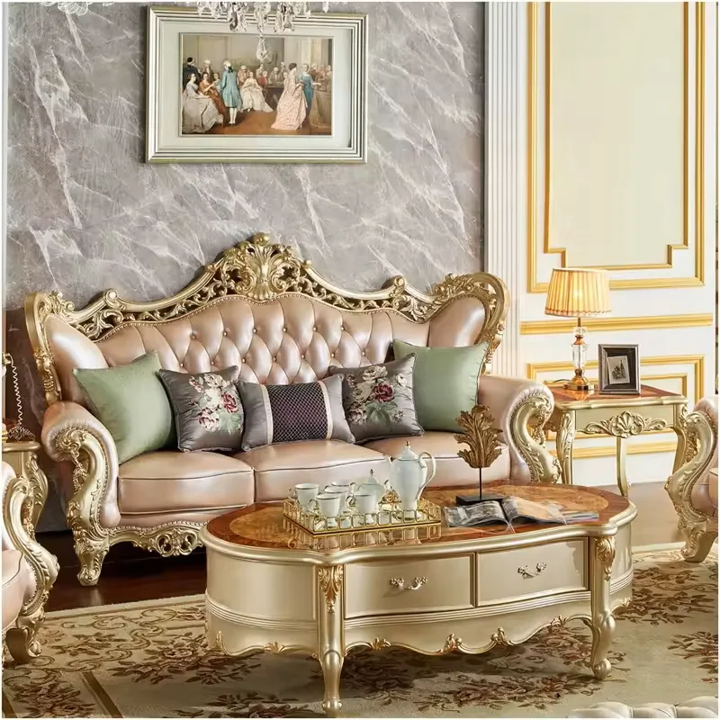*# European Style Living Room Furniture Sets, Luxury Royal Carved Solid Wood Genuine Leather Sofa Sets