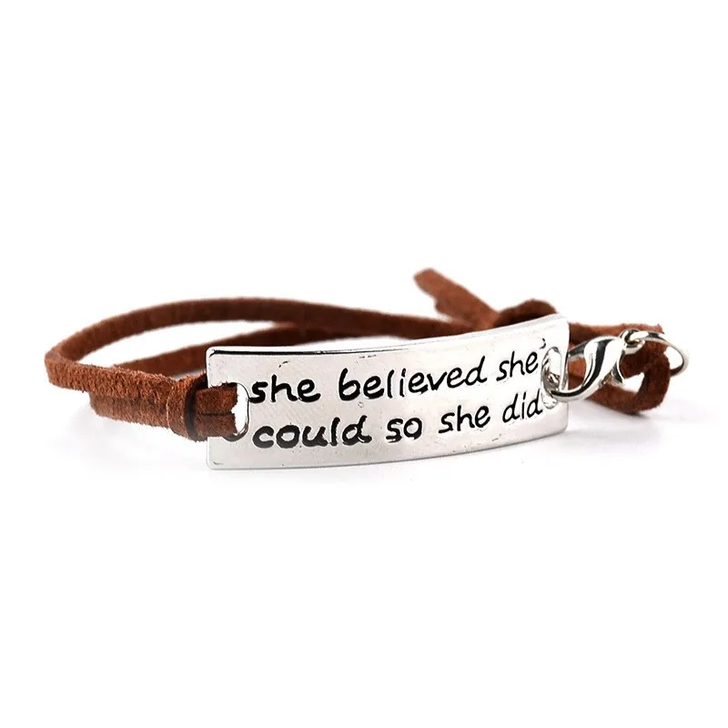 She Believed She Could So She Did Inspirational English Letter Bracelet Adjustable Leather Rope Chain Bracelets for Friends